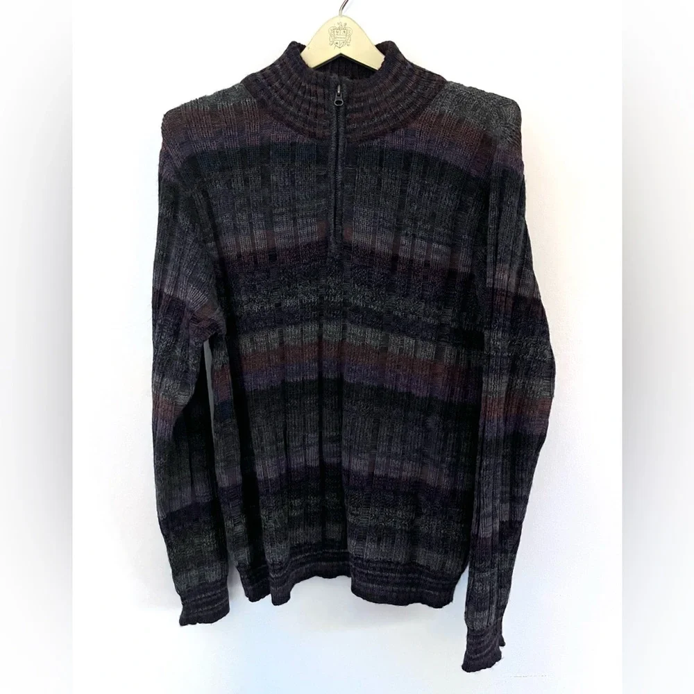 Novica Peruvian Quarter Zip Front 100% Alpaca Traveler Stripe Sweater Med